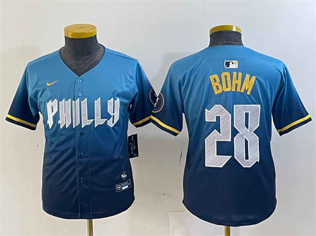 Youth Philadelphia Phillies #28 Alec Bohm Blue 2024 City Connect Limited Stitched Baseball Jersey